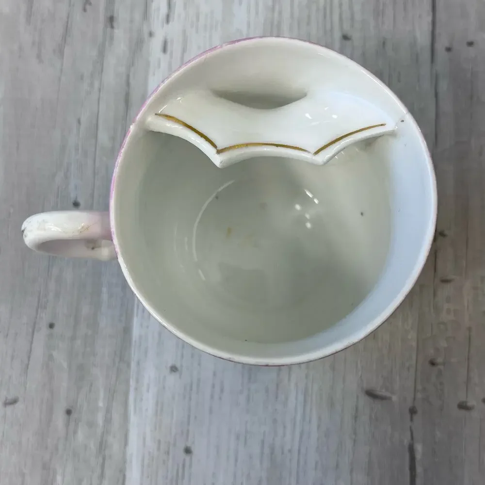 Vintage White Pink Floral Accent Gold Trim Mustache Guard Mug Cup Decor
